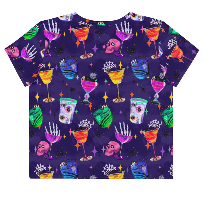 Monster Party kawaii goth crop top, back view, with jewel-tone cocktails and spiderwebs