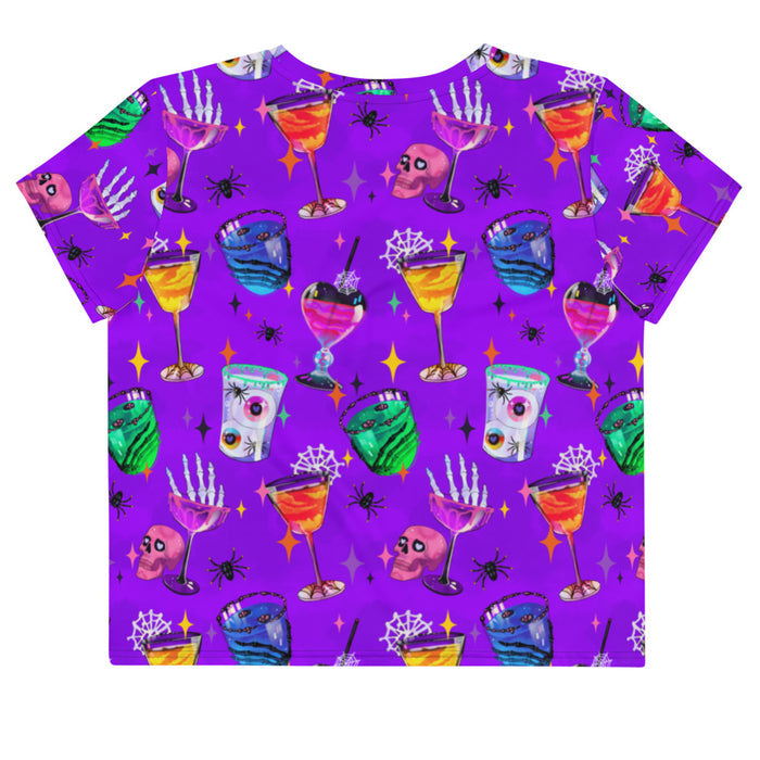 Monster Party kawaii goth crop top, back view, with heart-eyed pink skulls and haunted cocktails in jewel tones