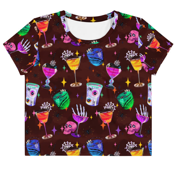 Monster Party kawaii goth crop top, front view, with skeleton hands and jewel-tone martinis
