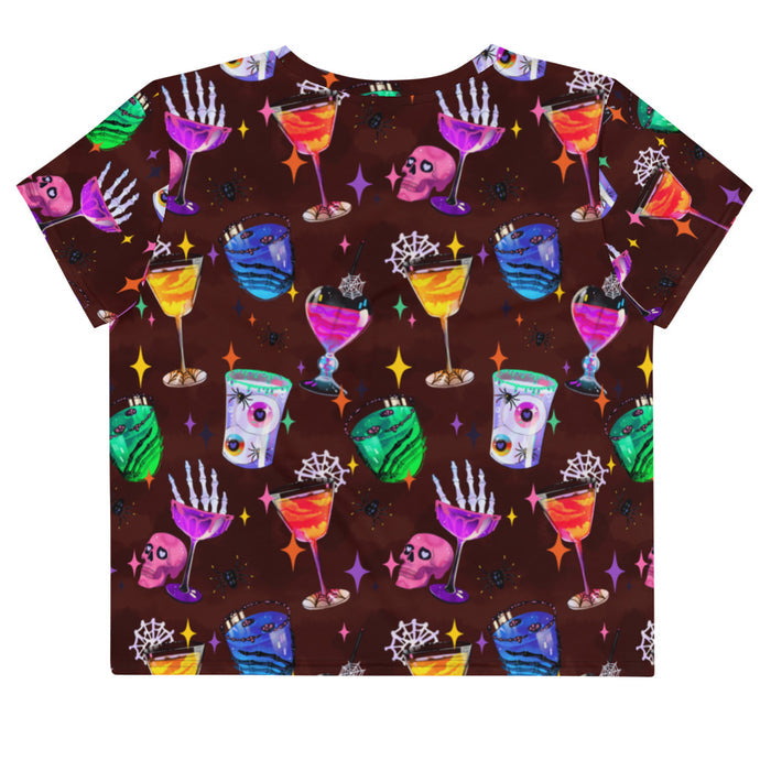 Monster Party kawaii goth crop top, back view, with eyeball-garnished drinks and black spiders in jewel tones