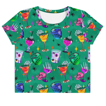 Monster Party kawaii goth crop top, front view, with cobwebbed candy apples and retro sparkles in jewel tones