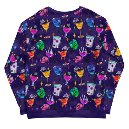 Monster Party gothic sweatshirt, back view, with haunted cocktails and crawling spiders in jewel tones