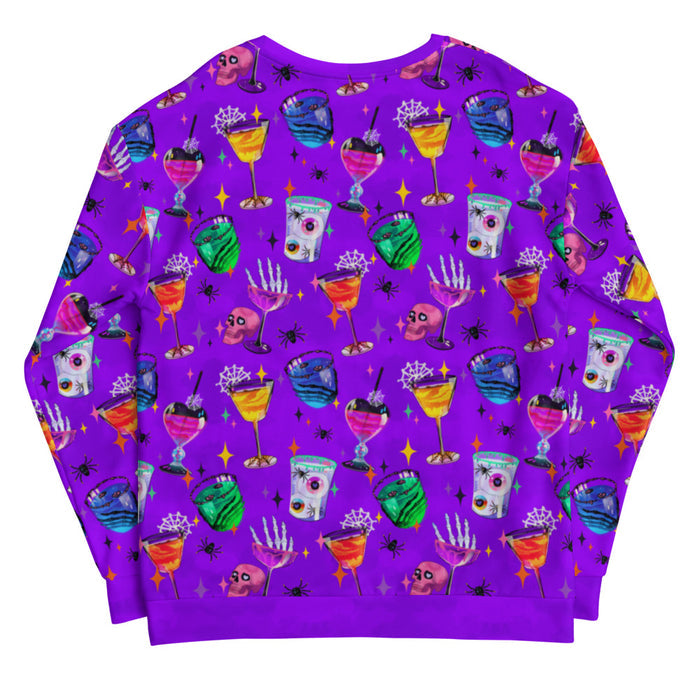 Monster Party gothic sweatshirt, back view, with jewel-tone cocktails and spiderwebs