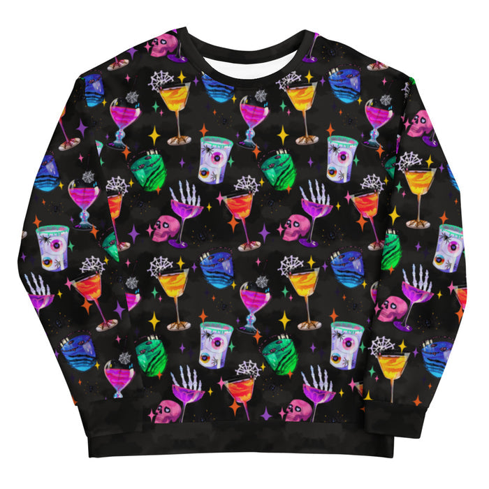 Monster Party gothic sweatshirt, front view, with retro sparkles and eyeball drinks in jewel tones