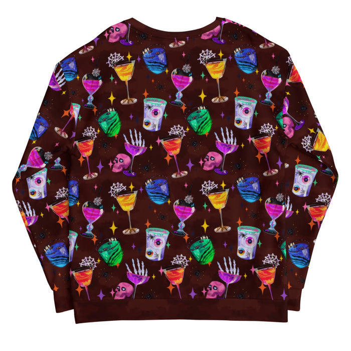Monster Party gothic sweatshirt, back view, with heart-eyed pink skulls and haunted cocktails in jewel tones