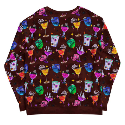 Monster Party gothic sweatshirt, back view, with heart-eyed pink skulls and haunted cocktails in jewel tones