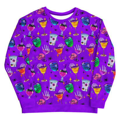 Monster Party gothic sweatshirt, front view, with skeleton hands and jewel-tone martinis