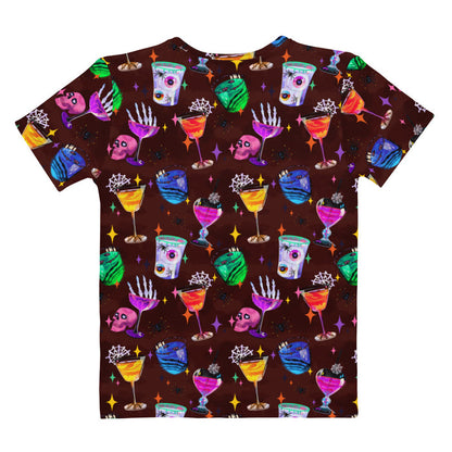 Monster Party goth t-shirt, back view, with cobwebbed candy apples and retro sparkles in jewel tones