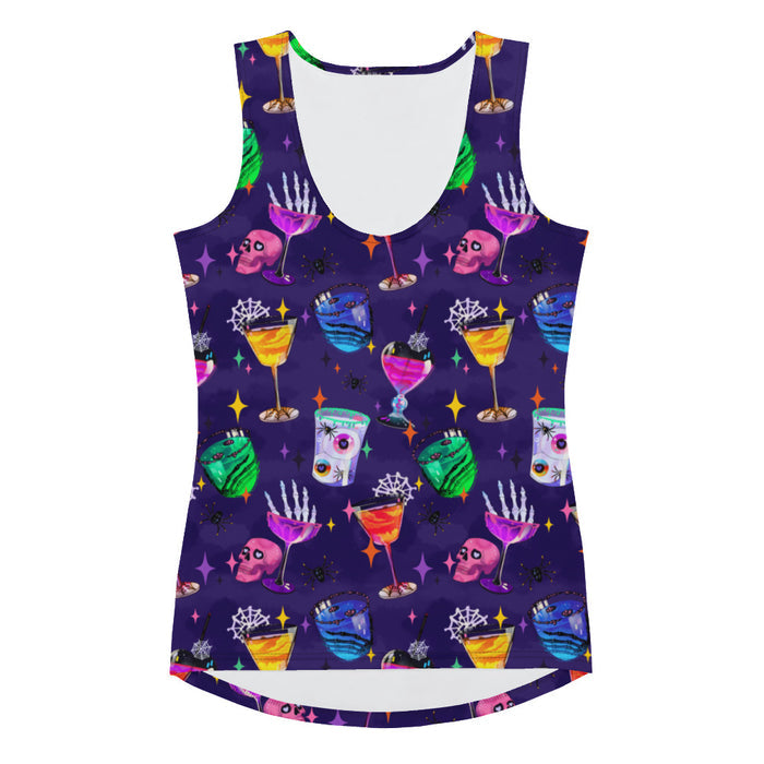 Monster Party gothic tank top, front view, with retro sparkles and eyeball drinks in jewel tones