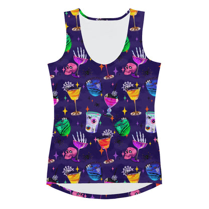 Monster Party gothic tank top, front view, with retro sparkles and eyeball drinks in jewel tones