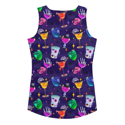 Monster Party gothic tank top, back view, with heart-eyed pink skulls and haunted cocktails in jewel tones