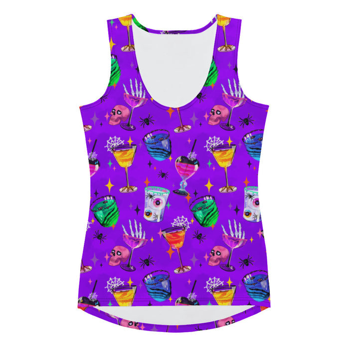 Monster Party gothic tank top, front view, with skeleton hands and jewel-tone martinis