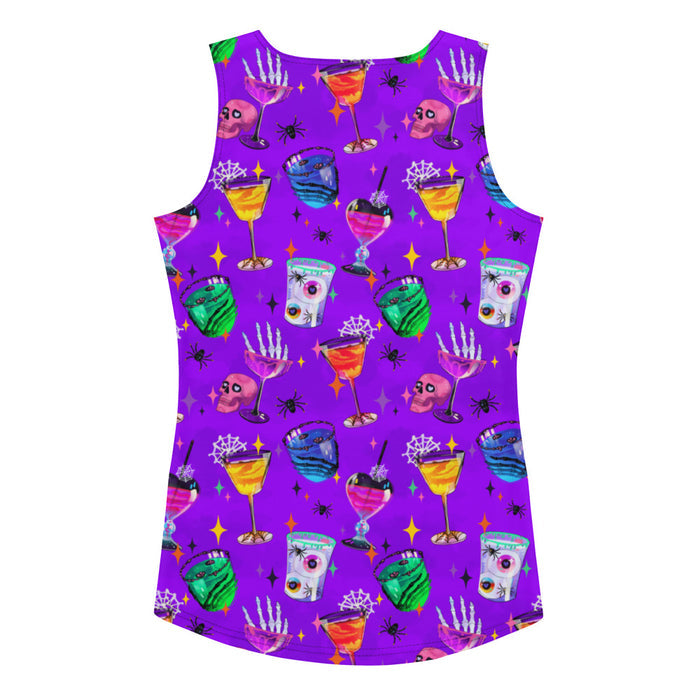 Monster Party gothic tank top, back view, with eyeball-garnished drinks and black spiders in jewel tones