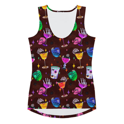 Monster Party gothic tank top, front view, with cobwebbed candy apples and retro sparkles in jewel tones