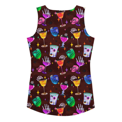 Monster Party gothic tank top, back view, with slime-rimmed eyeball drinks and heart-eyed skulls in jewel tones