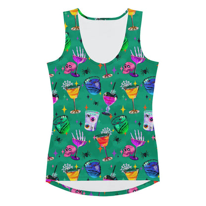 Monster Party gothic tank top, front view, with cobweb-laced cocktail glasses and pink skulls in jewel tones