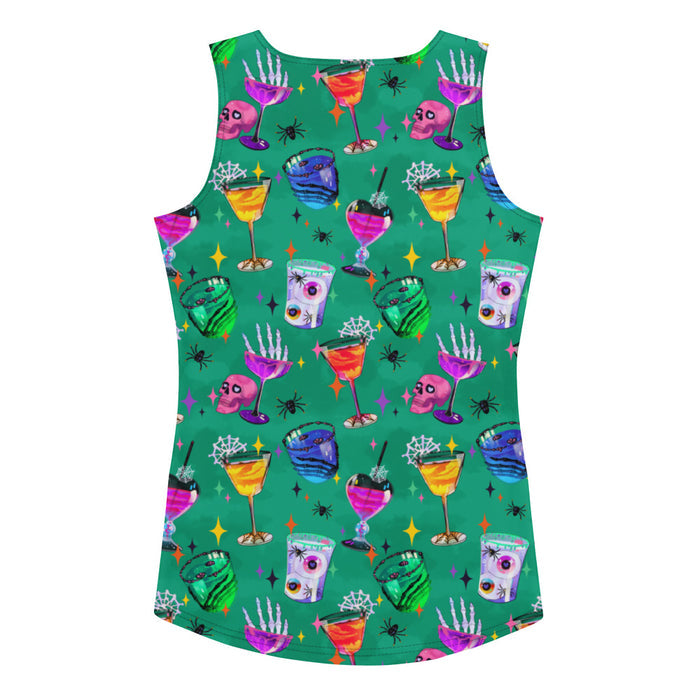 Monster Party gothic tank top, back view, with haunted cocktails and crawling spiders in jewel tones