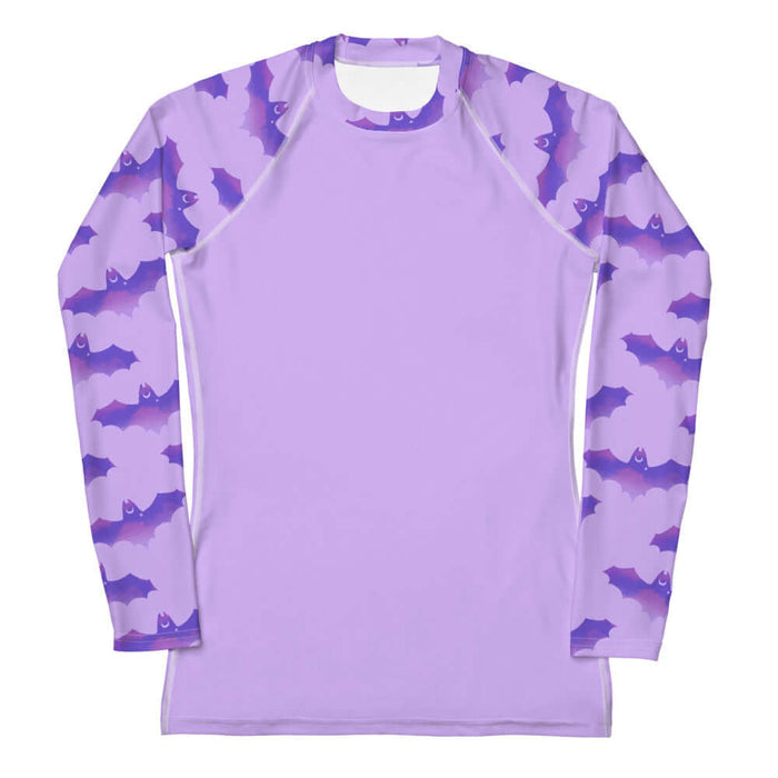 Morrigan gothic rash guard in lavender with watercolor bats and crescent moons
