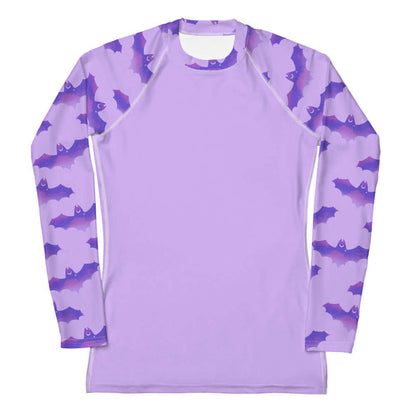 Morrigan gothic rash guard in lavender with watercolor bats and crescent moons