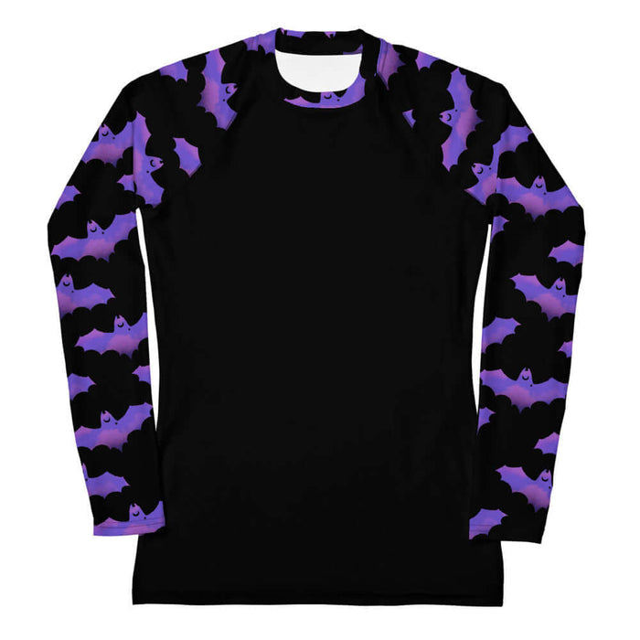 Morrigan alternative rash guard in lavender with painterly bats and tiny crescent moons