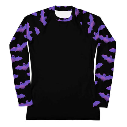 Morrigan alternative rash guard in lavender with painterly bats and tiny crescent moons