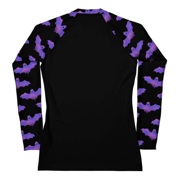 Morrigan gothic rash guard in lavender with dusky bats and soft clouds
