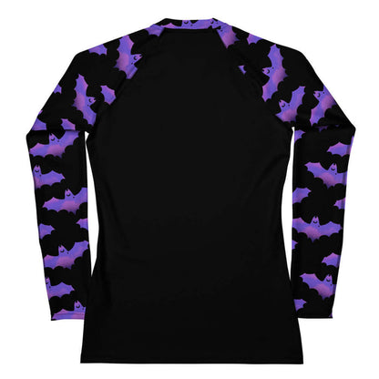 Morrigan gothic rash guard in lavender with dusky bats and soft clouds