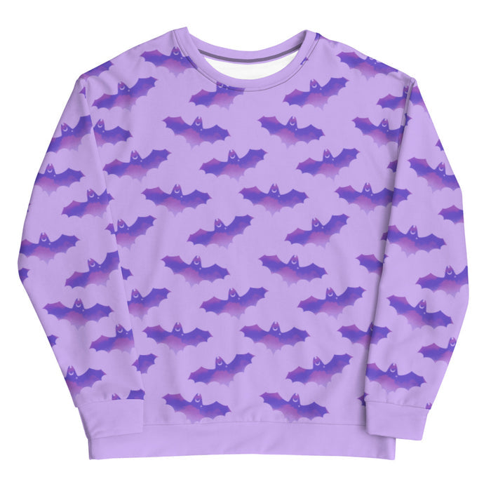 Morrigan gothic sweatshirt in lavender with watercolor bats and crescent moons
