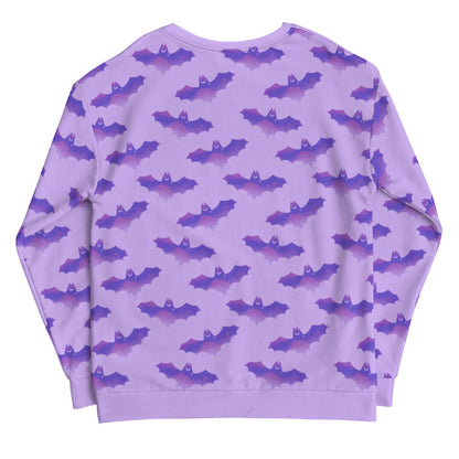 Morrigan pastel-goth sweatshirt in lavender with bat print and pastel clouds