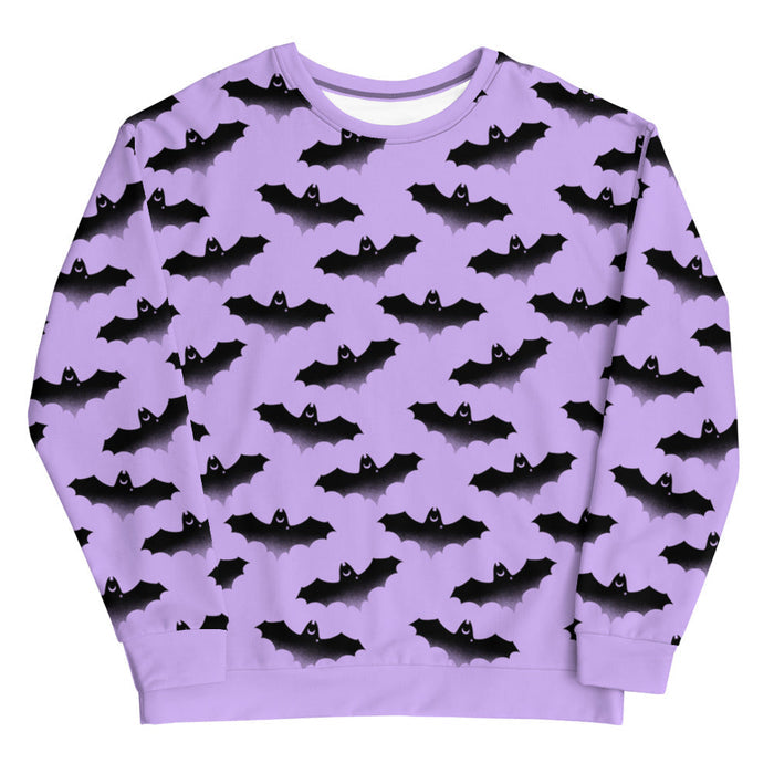 Morrigan pastel-goth sweatshirt in lavender with watercolor bats and drifting clouds