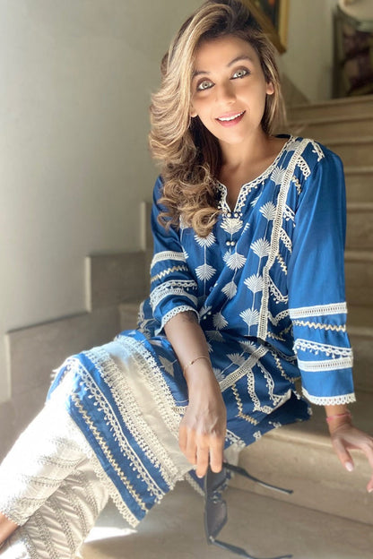 Mulmul Pima Satin Keiko Kurta Navy