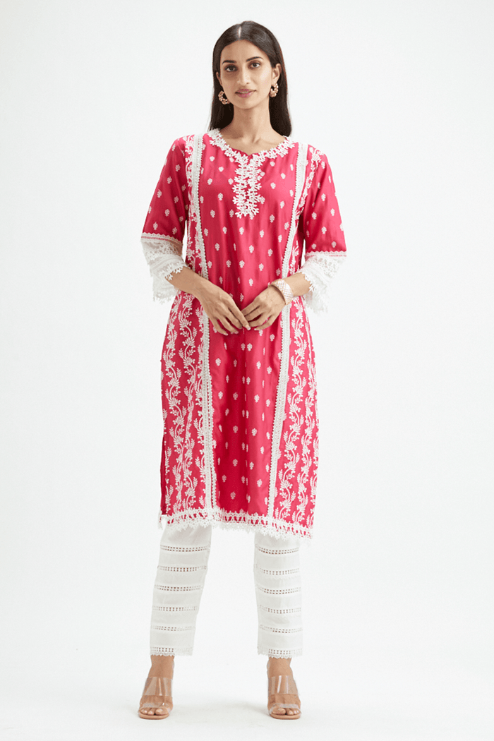 Mulmul Pima Satin Merry Kurta Fuchsia