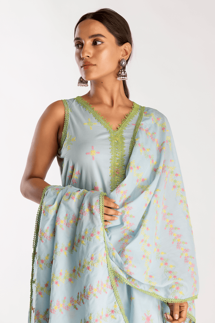 Mulmul Supima Cotton Botanica Light Blue Dupatta
