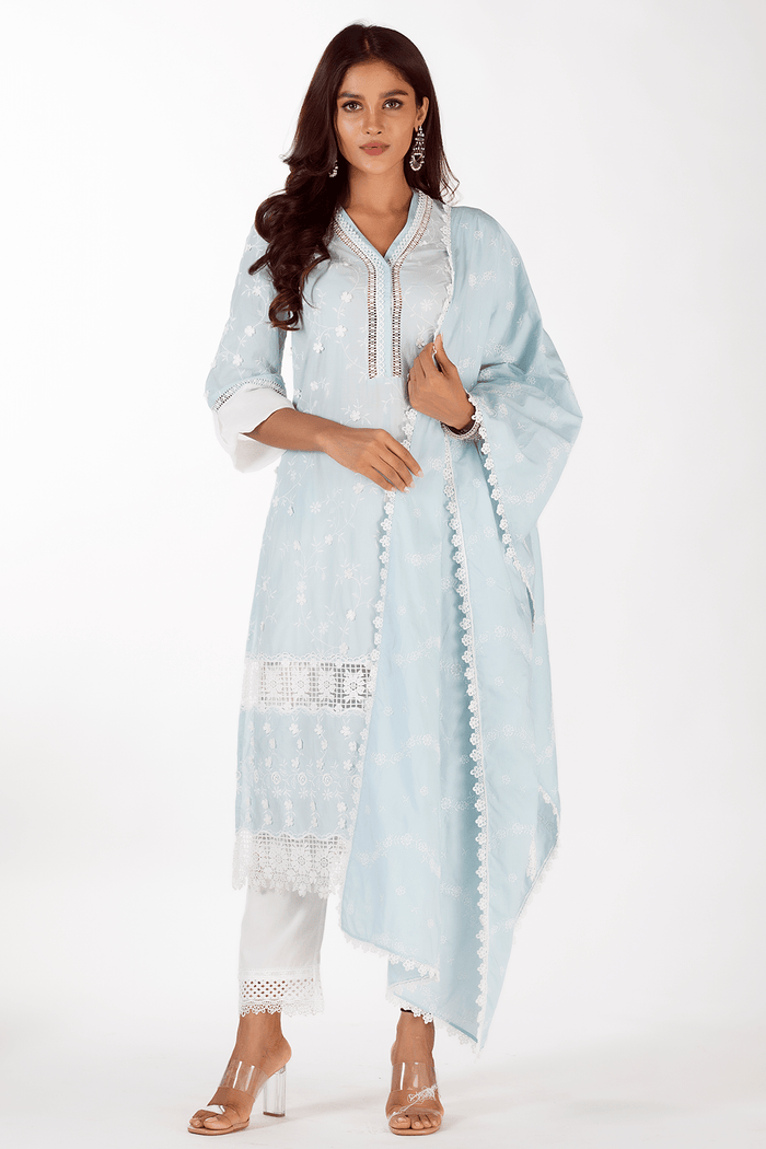 Mulmul Supima Cotton Echo Light Blue Kurta