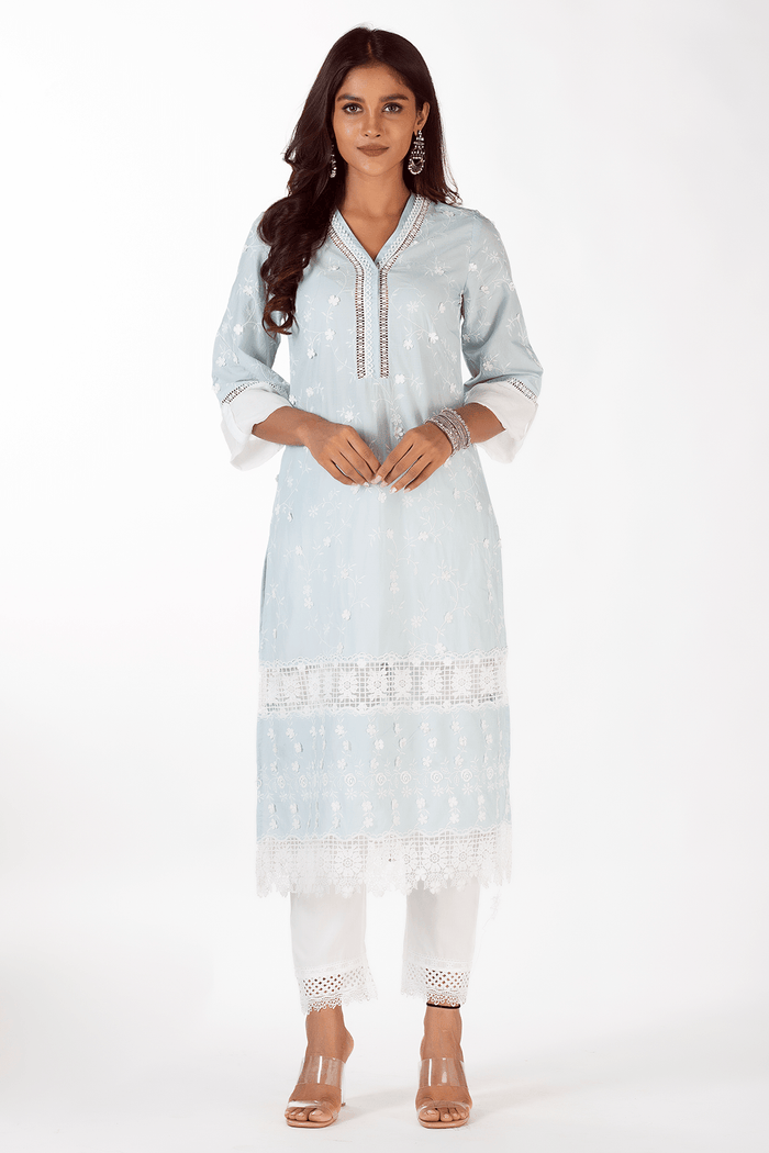 Mulmul Supima Cotton Echo Light Blue Kurta