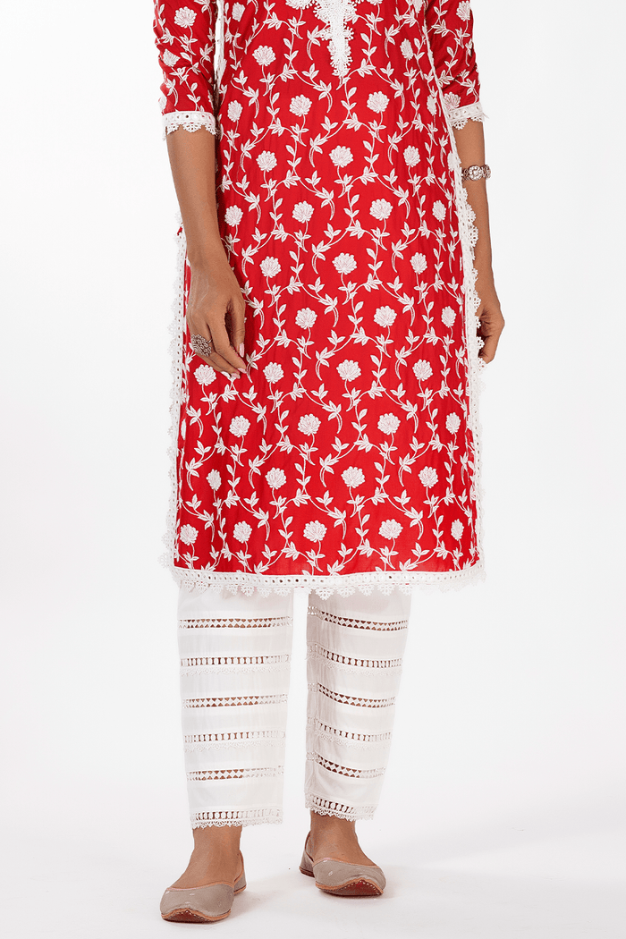 Mulmul Supima Cotton Ladder Lace White Pyajama