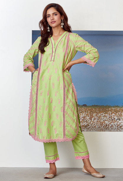 Mulmul Supima Cotton Rhinestone Green Kurta