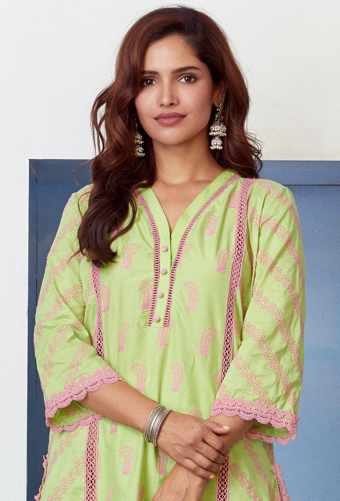 Mulmul Supima Cotton Rhinestone Green Kurta