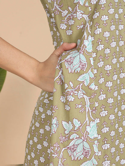 Olive Green Cozy Cotton Night Dress Online with Pocket