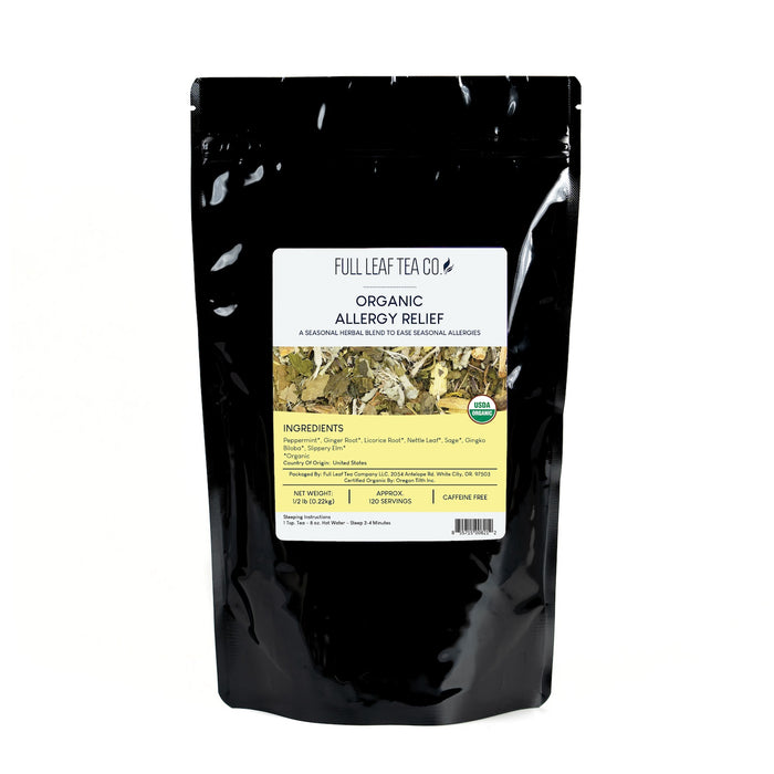 A 1/2 pound bag of Full Leaf Tea Company Organic Allergy Relief Loose Leaf Tea.