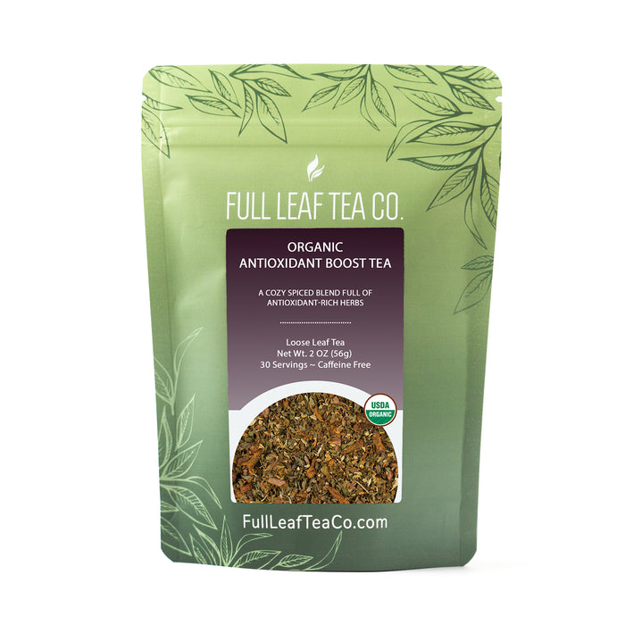 A 2oz bag of Full Leaf Tea Company Organic Antioxidant Boost Loose Leaf Tea.