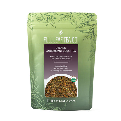 A 2oz bag of Full Leaf Tea Company Organic Antioxidant Boost Loose Leaf Tea.
