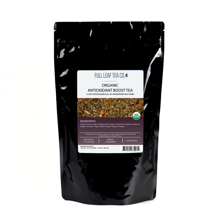 A 1/2 pound bag of Full Leaf Tea Company Antioxidant Boost Loose Leaf Tea.