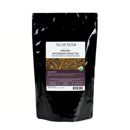 A 1/2 pound bag of Full Leaf Tea Company Antioxidant Boost Loose Leaf Tea.