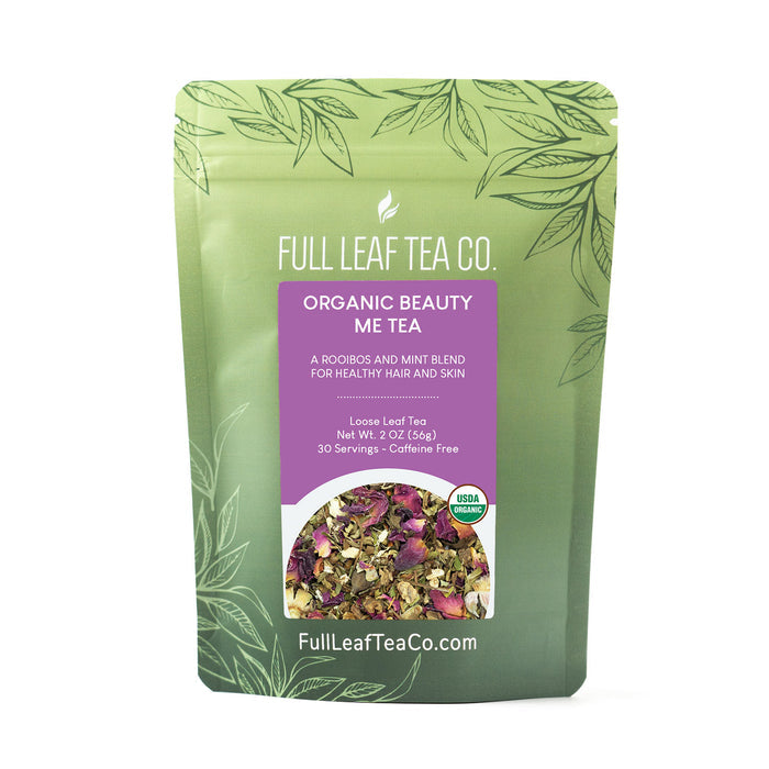 A 2oz bag of Full Leaf Tea Company Organic Beauty Me Loose Leaf Tea.