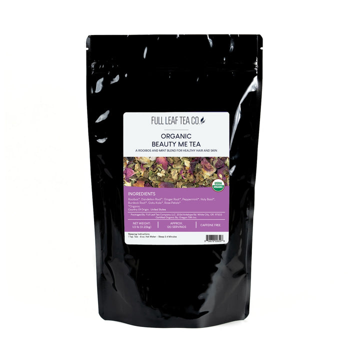 A 1/2 pound bag of Full Leaf Tea Company Organic Beauty Me Loose Leaf Tea.