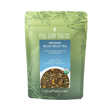 A 2oz bag of Full Leaf Tea Company Organic Bloat Relief Loose Leaf Tea.