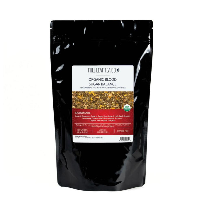 A 1/2 pound bag of Full Leaf Tea Company Organic Blood Sugar Balance Loose Leaf Tea.
