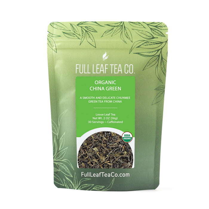 A 2oz bag of Full Leaf Tea Company Organic China Green Loose Leaf Tea.