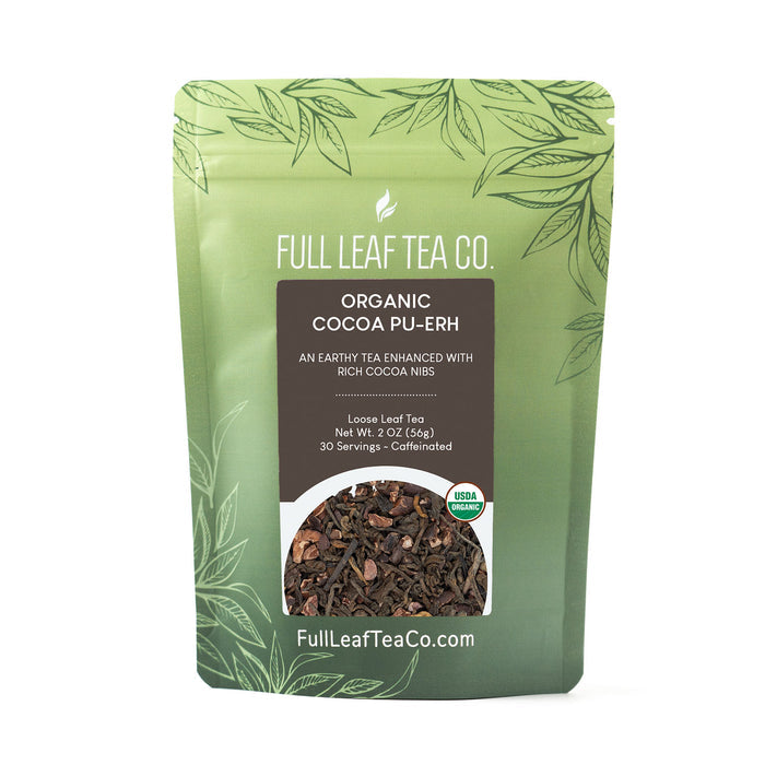 A 2oz bag of Full Leaf Tea Company Organic Cocoa Pu-Erh Loose Leaf Tea.